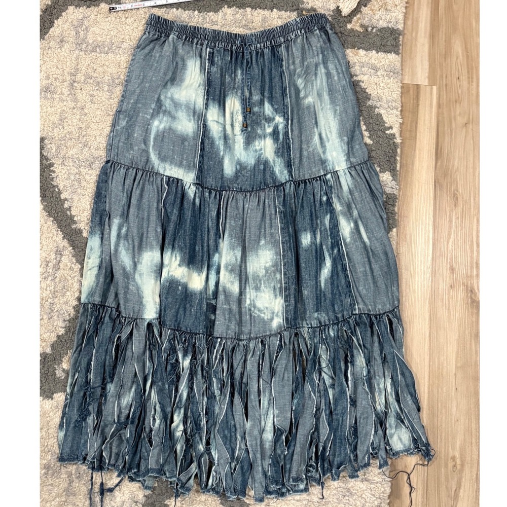 A Rare Bird Fringe With It Skirt Denim Maxi Boho Tiered Acid Wash L XL xx - Picture 2 of 8